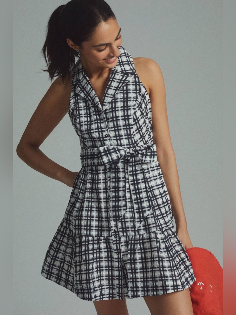 Maeve by Anthropologie Plaid Mini Flounce Shirt Dress Navy and White Size 2